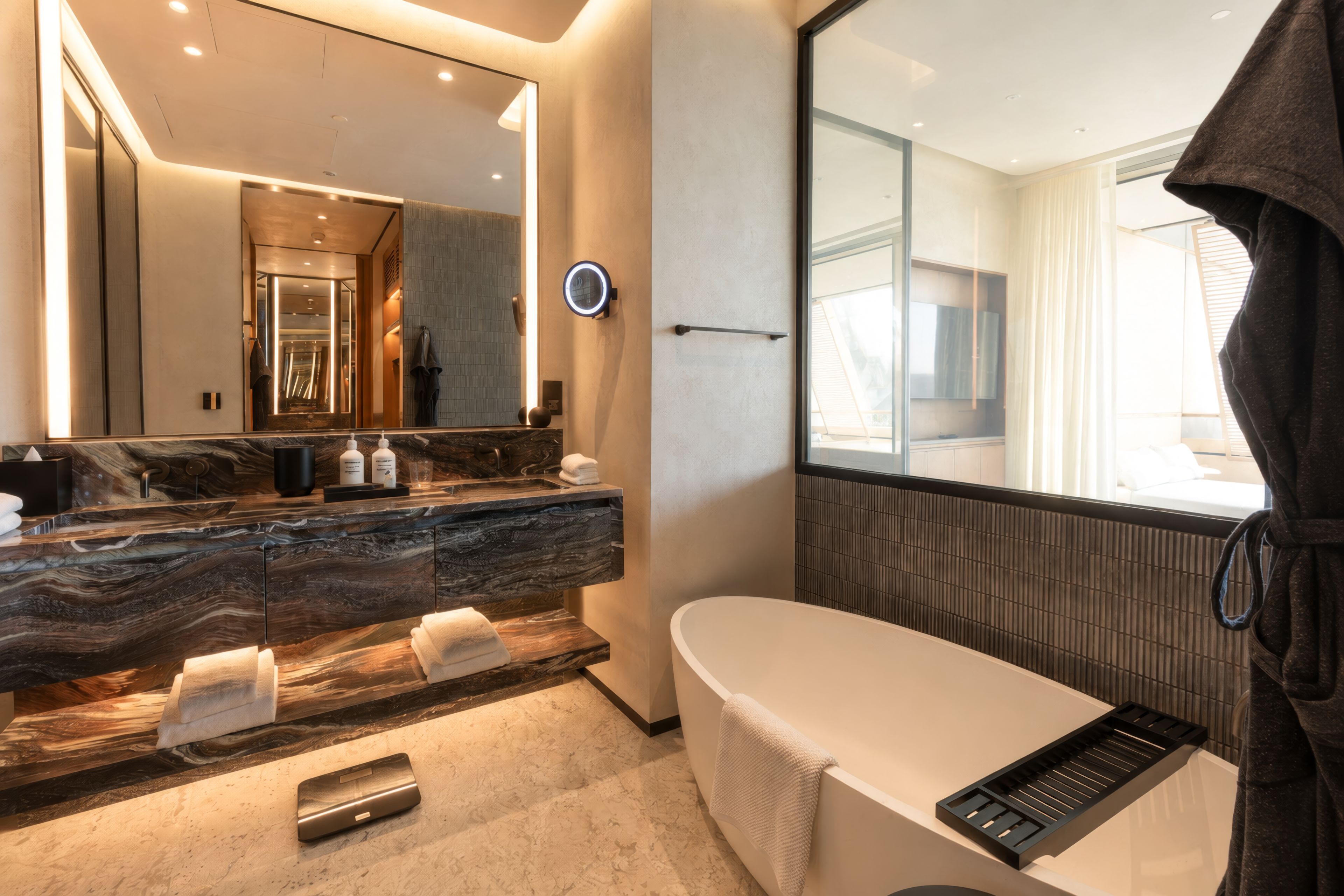Un baño moderno con tocador de mármol, un espejo grande, una bañera y un perchero para toallas.