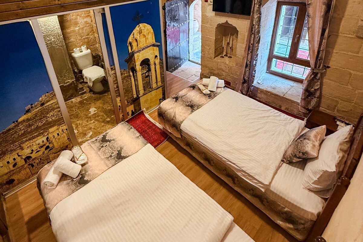 A room with two beds, a TV, and a view of a historic building.