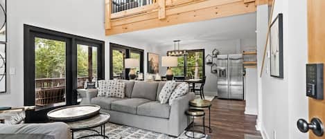 TV, fireplace, books