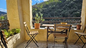 Ein Balkon mit Tisch und Stühlen, Blumentöpfen und Blick auf einen bewaldeten Hang.