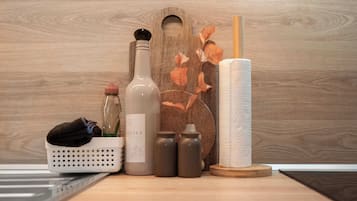 Chuveiro, secador de cabelo, toalhas de banho, shampoo
