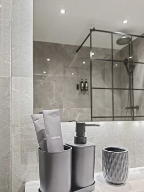 Dusche, Haartrockner, Handtücher, Shampoo
