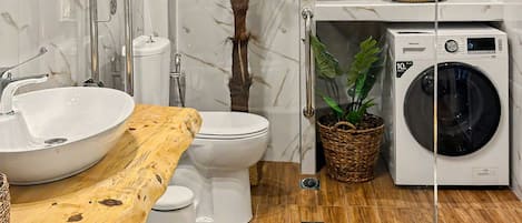 Dusche, Haartrockner, Handtücher, Shampoo
