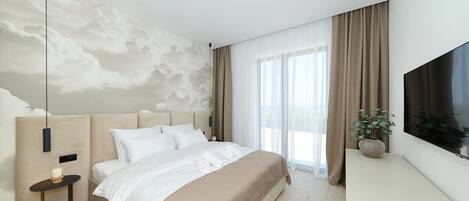 Ein modernes Hotelzimmer mit einem großen Bett, einem Flachbildfernseher, einem an der Wand befestigten Fernseher, einer Deckenleuchte und einem großen Fenster mit Vorhängen.