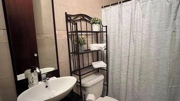 Regadera, toallas, jabón, papel de baño