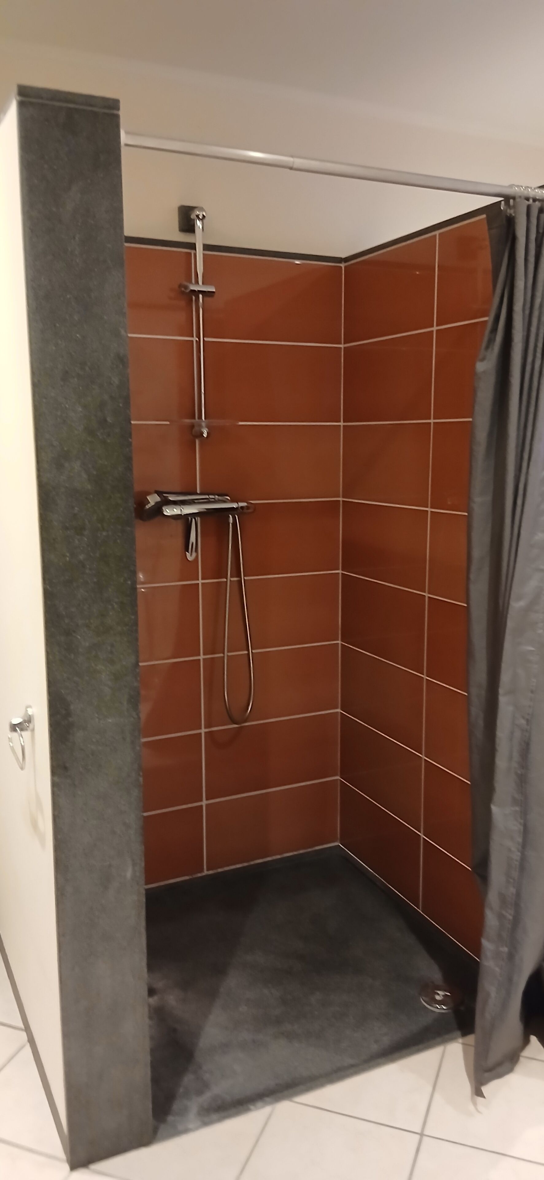 Shower, hair dryer, towels, toilet paper