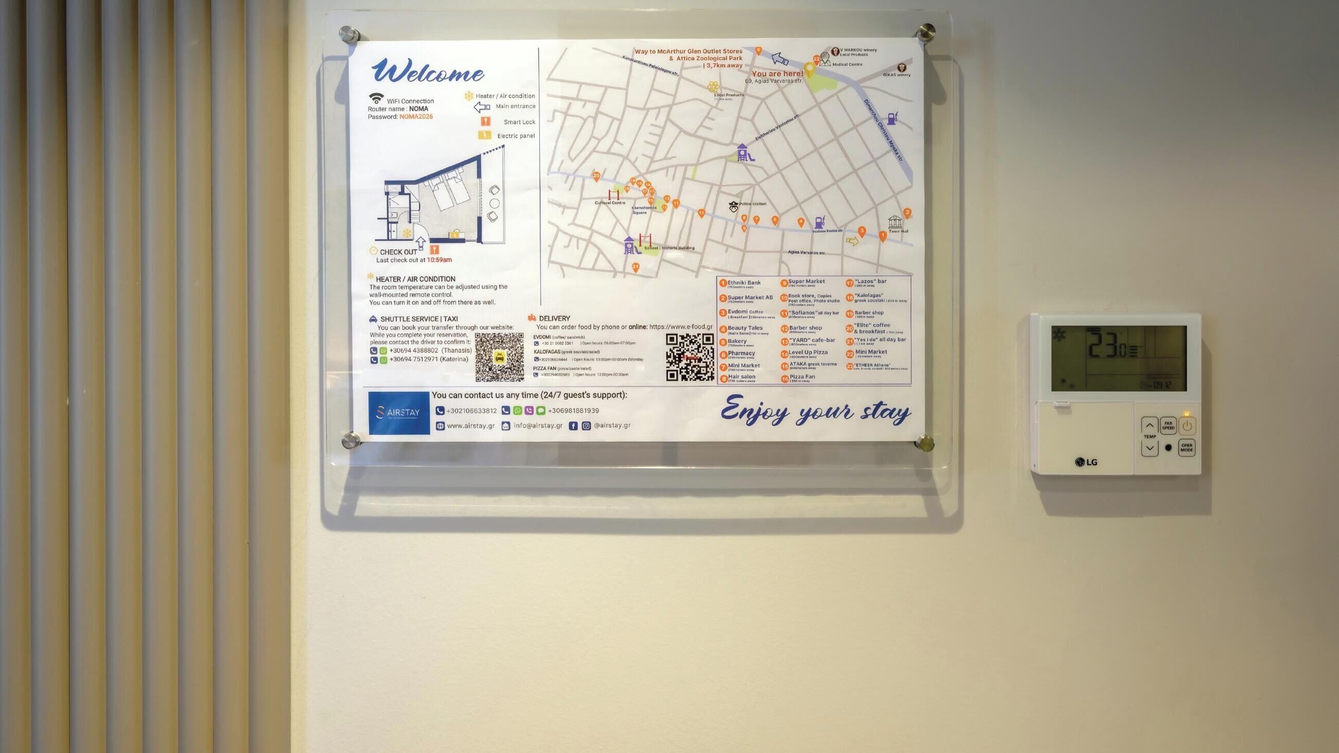 Un cartel de bienvenida con un mapa, una lista de servicios y un termostato.