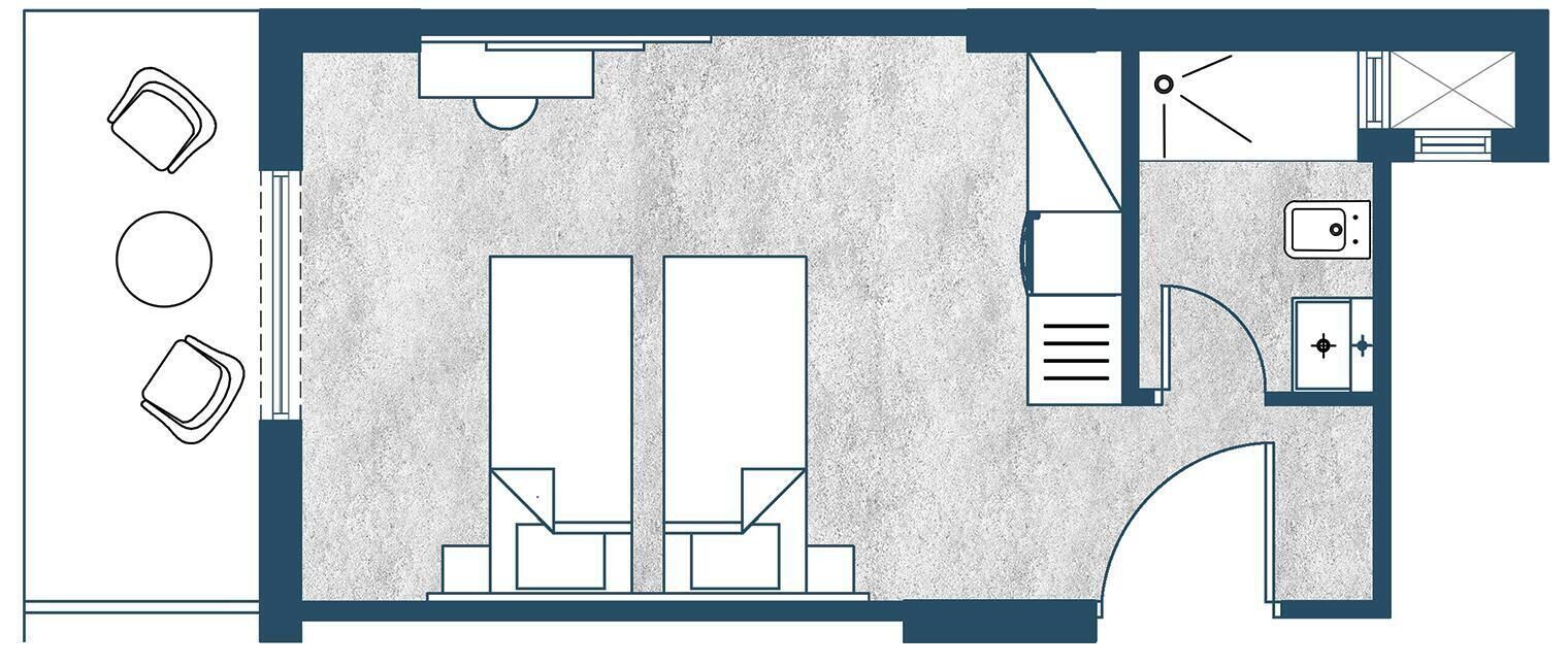 A hotel layout with a reception area, two large rooms, a kitchenette, and a bathroom.