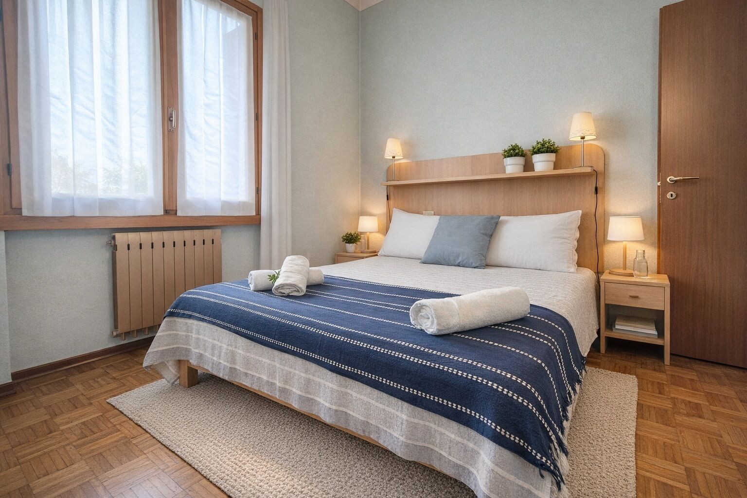 A neatly arranged bedroom with a bed, bedside tables, a radiator, and a window with curtains.