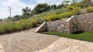 Un muro de piedra con una zona cubierta de césped y flores amarillas.