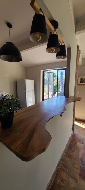 A kitchen with a wooden countertop, a refrigerator, hanging pendant lights, and a potted plant. - Charming country house in the heart of nature - Aubagne, au pied du Garlaban (Aubagne)