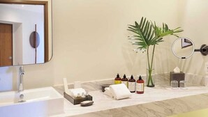A bathroom with a white sink, a mirror, a round clock, a plant, and toiletries on the counter. - Two bedroom Corazon suite with hot tub, and ocean view (Cabo San Lucas)