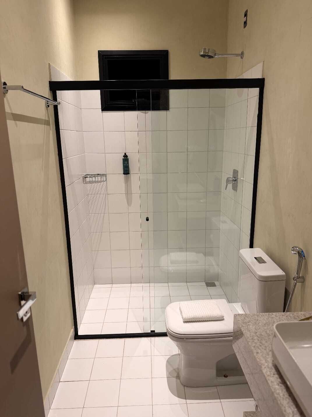 Une salle de bain avec une douche à parois de verre, des toilettes et un lavabo.
