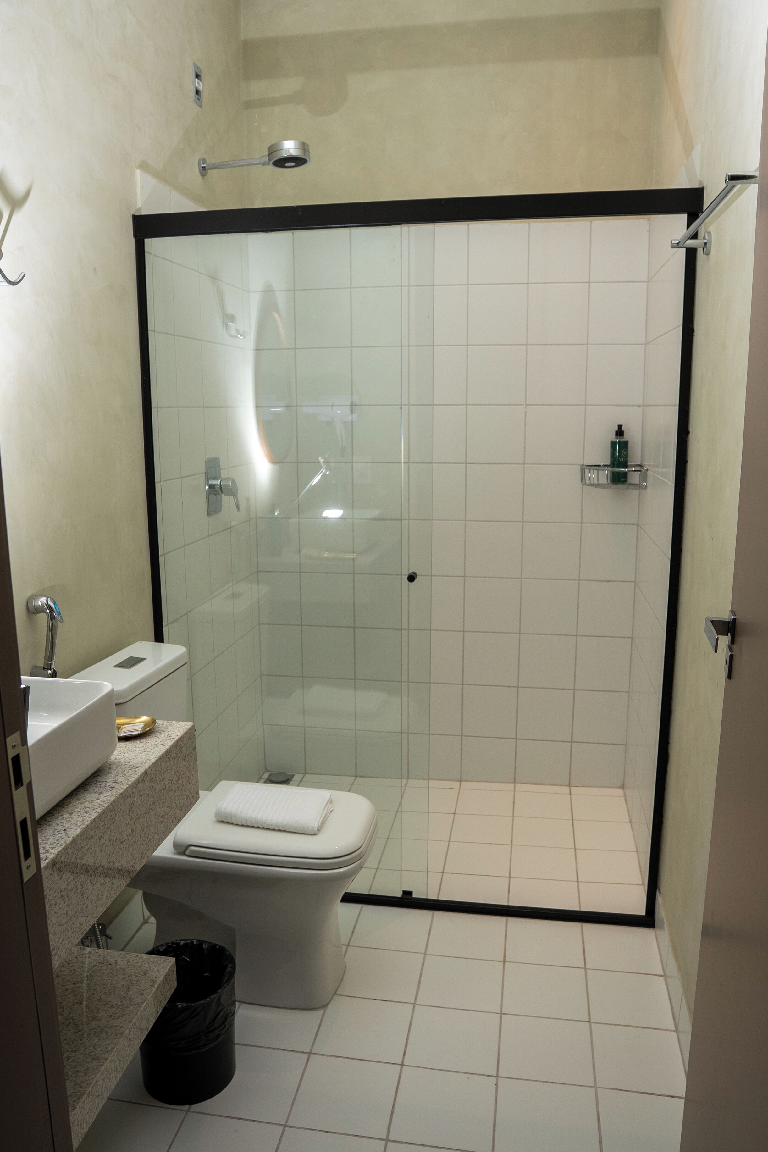 A bathroom with a glass-enclosed shower, a toilet, a sink, and a trash bin.