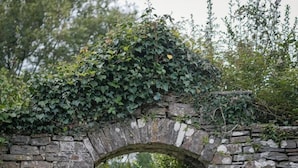 A stone archway with a potted plant at its base. - Pendragon Manor - Nine Bedroom Villa, Sleeps 18 (Cilybebyll Pontardawe)