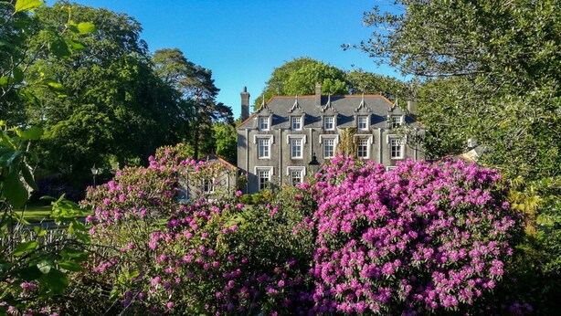 A large, historic building with multiple windows and a chimney, surrounded by lush greenery and flowering bushes. - Pendragon Manor - Nine Bedroom Villa, Sleeps 18 (Cilybebyll Pontardawe)