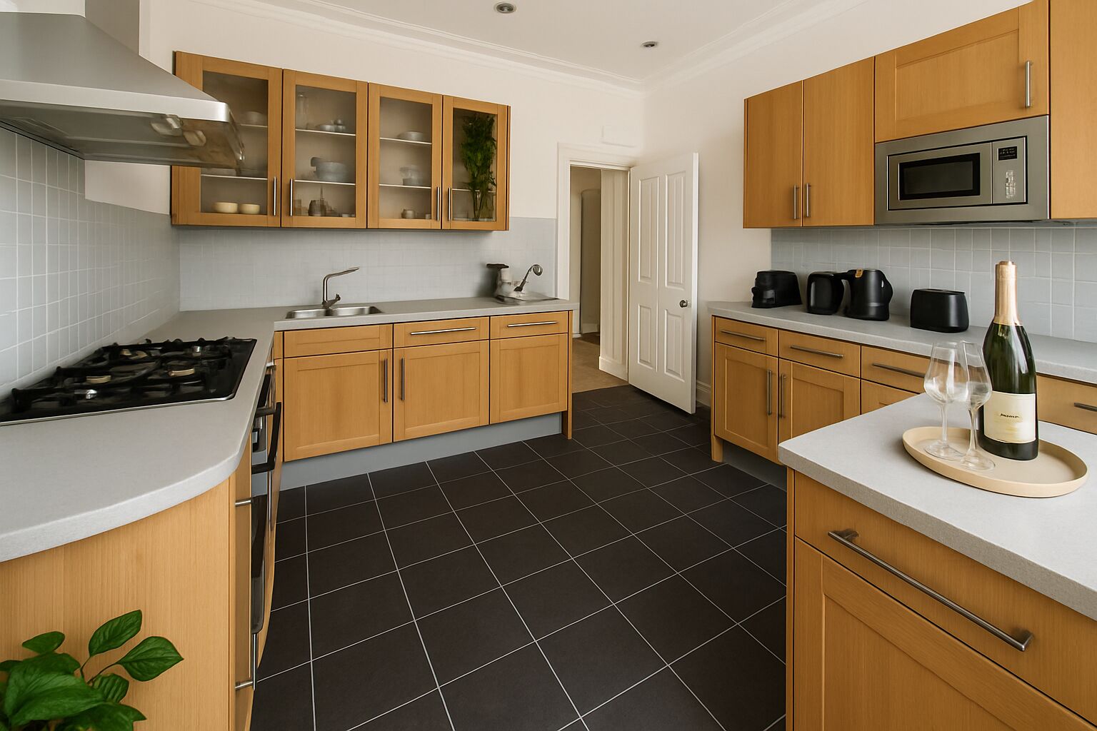A modern kitchen with wooden cabinets, a gas stove, a microwave, and a wine bottle on a tray.