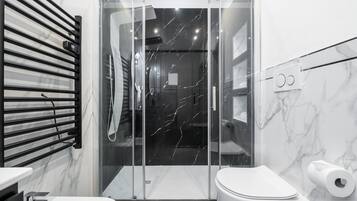 Douche, séchoir à cheveux, serviettes fournies