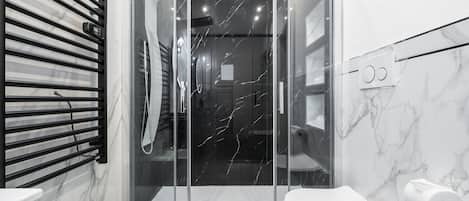 Shower, hair dryer, towels