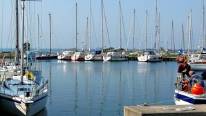 Een jachthaven met verschillende zeilboten afgemeerd.