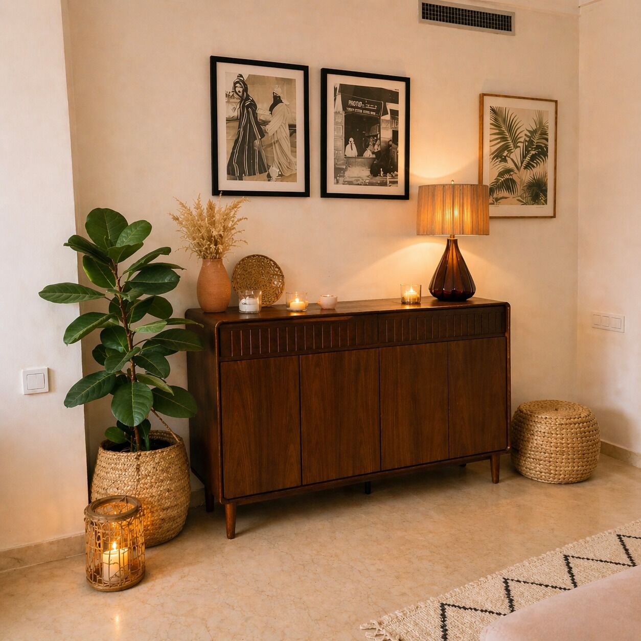 A wooden console table with a lamp, framed pictures, a potted plant, and a woven basket.