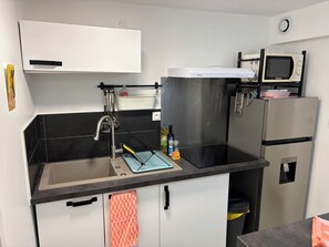 A compact kitchen with a sink, faucet, microwave, and refrigerator. - City center apartment with garden, near the sea (Quimperlé)