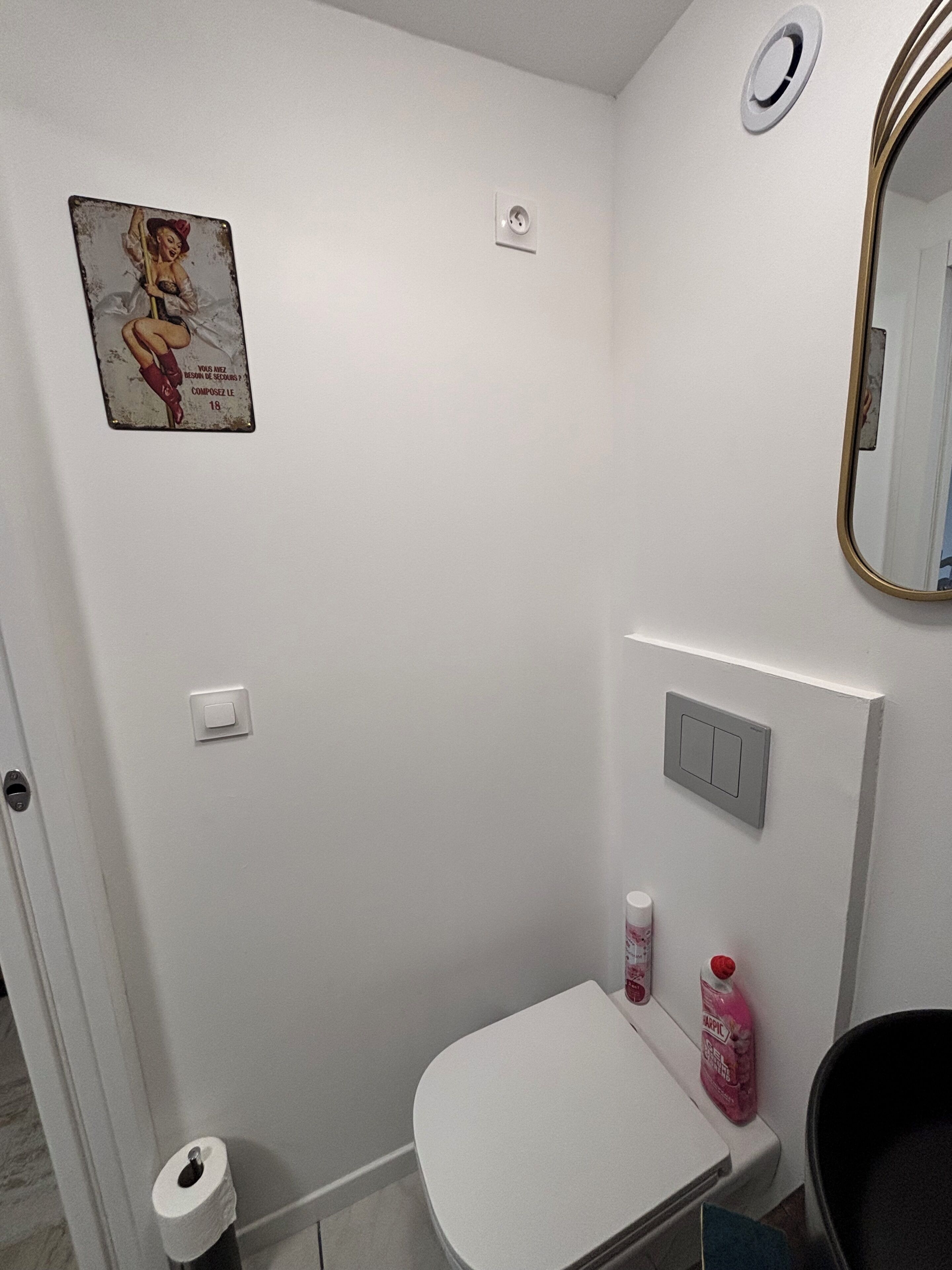 Un bany petit amb vàter, mirall, dutxa i interruptor de llum fixat a la paret.