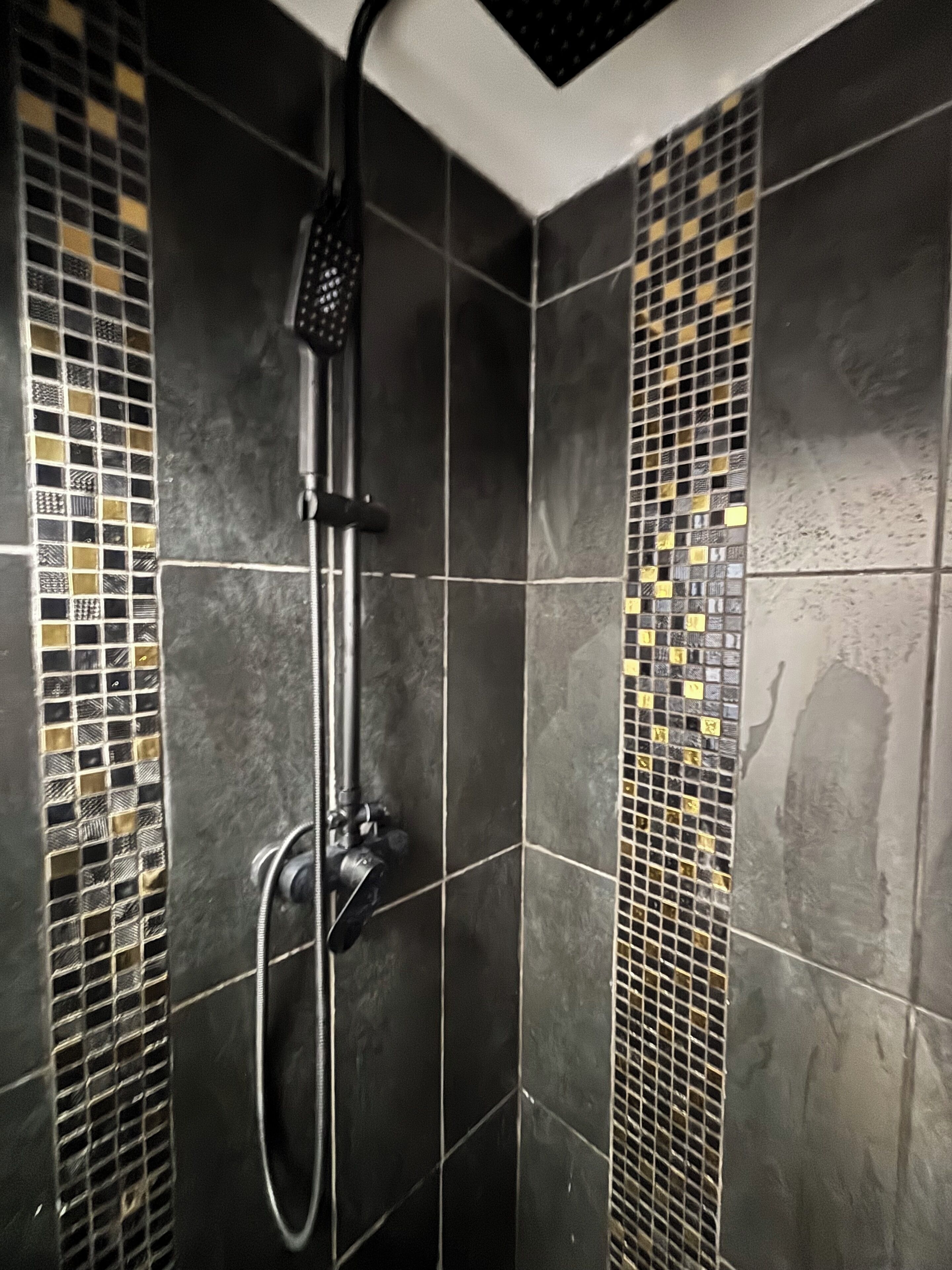 Douche, séchoir à cheveux, serviettes fournies, savon