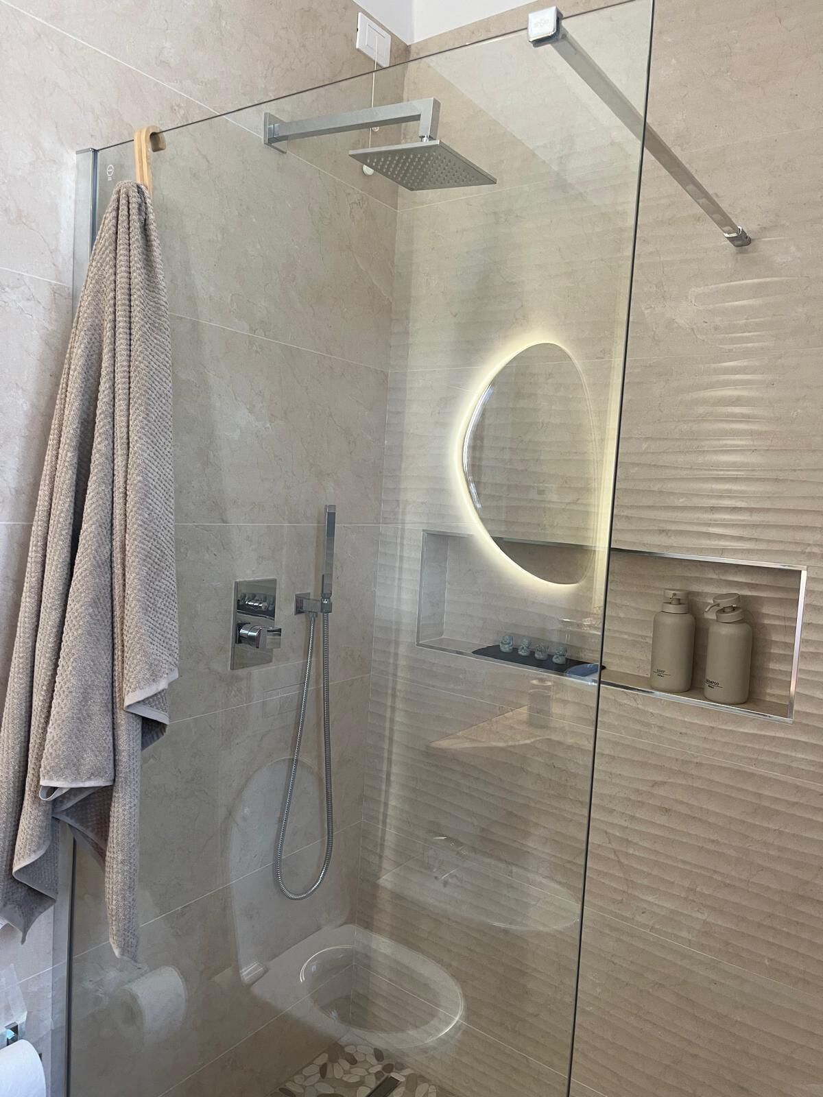 Hair dryer, bidet, towels, soap