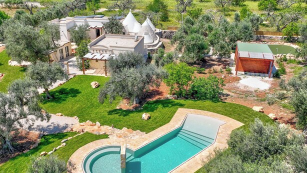 Une grande piscine à la forme incurvée, entourée d’une pelouse bien entretenue et d’arbres.