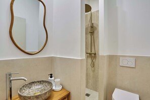 A bathroom with a round stone sink, a wooden-framed mirror, a shower with a handheld showerhead, and a toilet. - Elegant apartment with AC - Center of Paris (Paris)