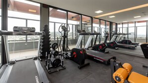 A gym with treadmills, weight machines, and a mirrored wall. - Panoramic View in Porto Alegre MJ08H (Porto Alegre)