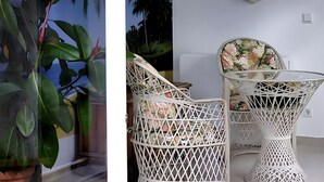 A room with a large potted plant, a white woven chair, and a small table with a floral chair. - Apartment "La Vida" for 3 Guests, 60 m² with Shared Garden, Wi-Fi and Air Conditioning (Hoppegarten)