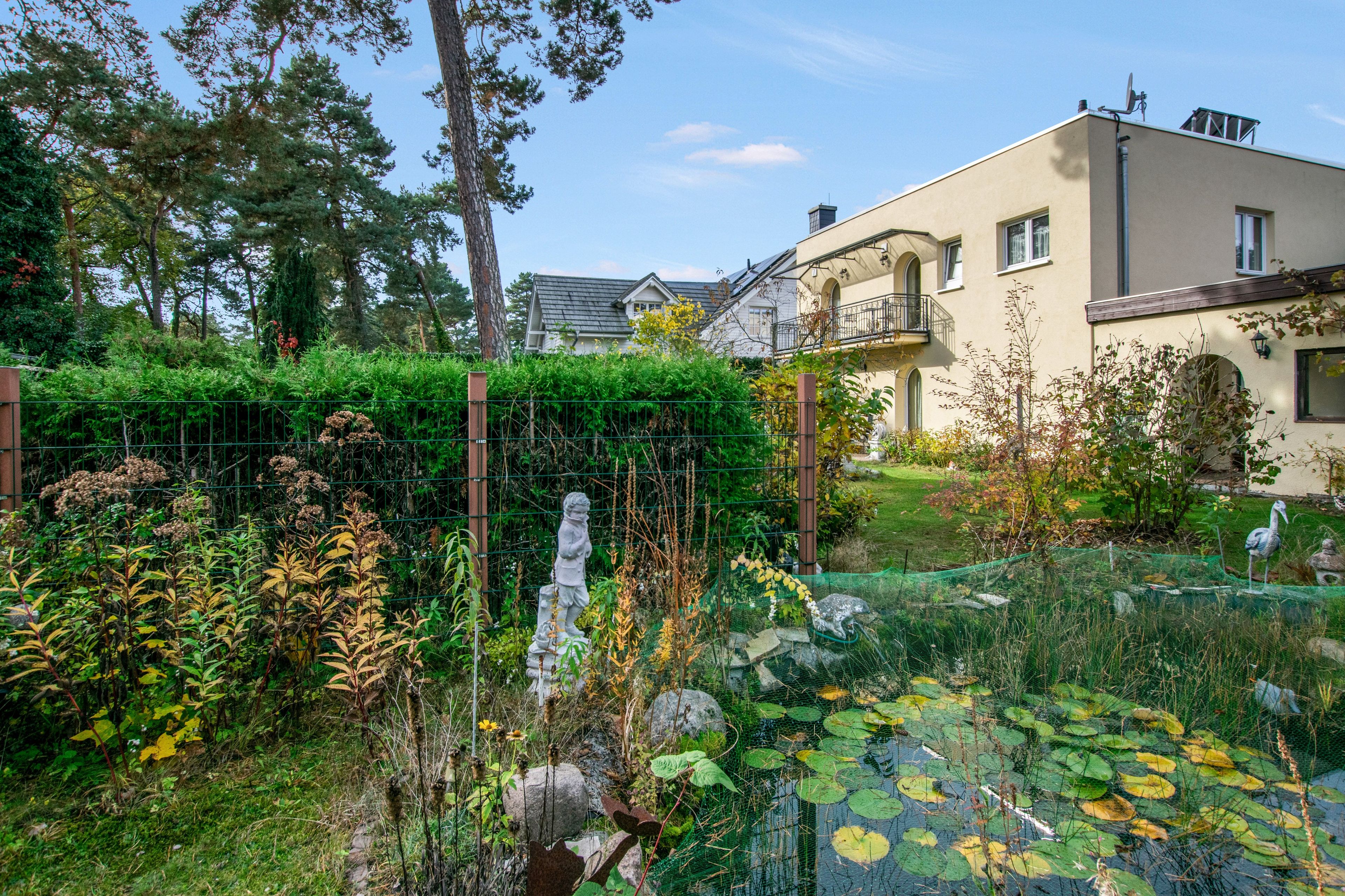 A residential area with a house, a fenced garden, and a pond with lily pads.