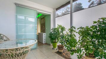 A room with a glass table, potted plants, and a sliding door leading to another space.