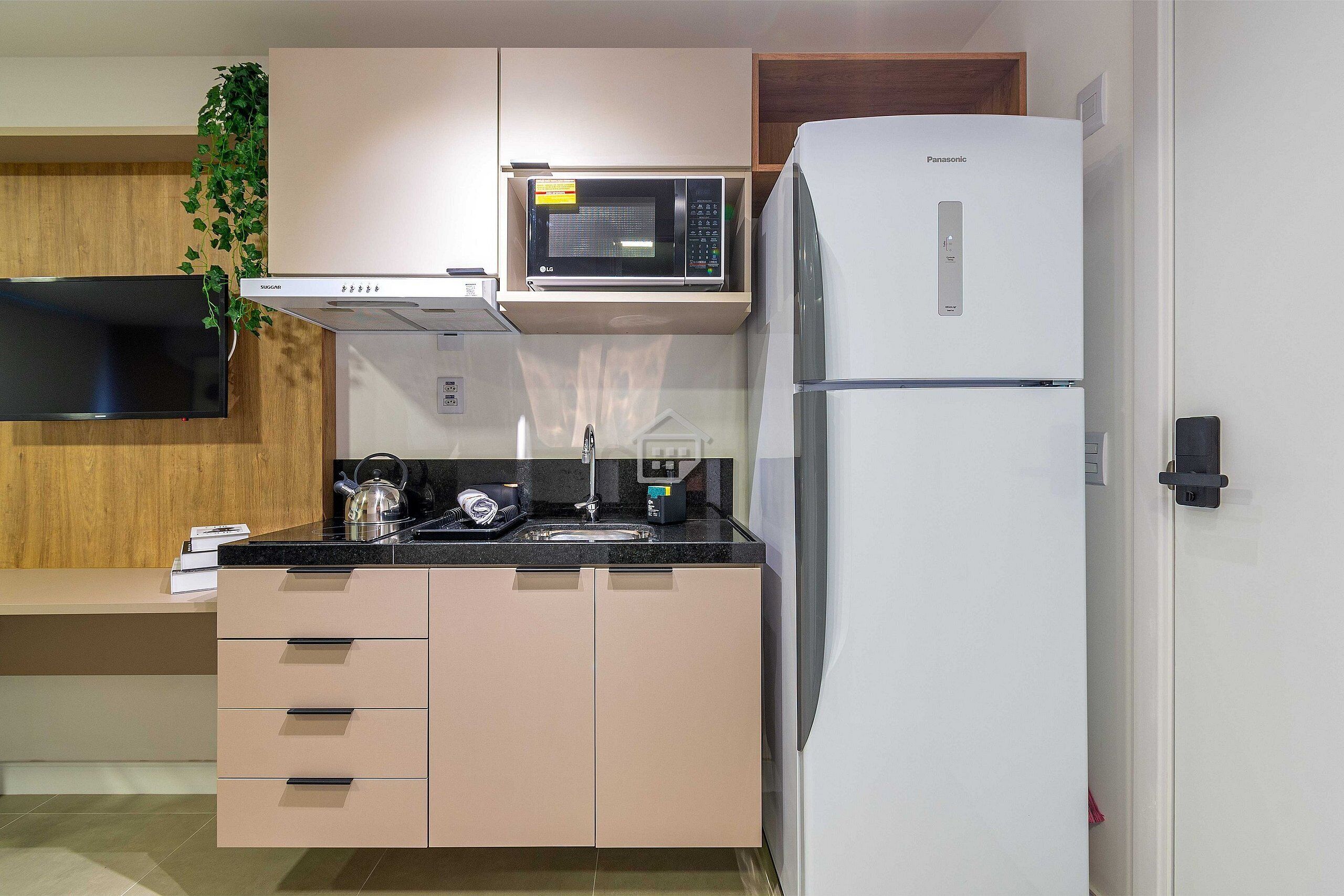 Fridge, microwave, oven, cookware/dishes/utensils