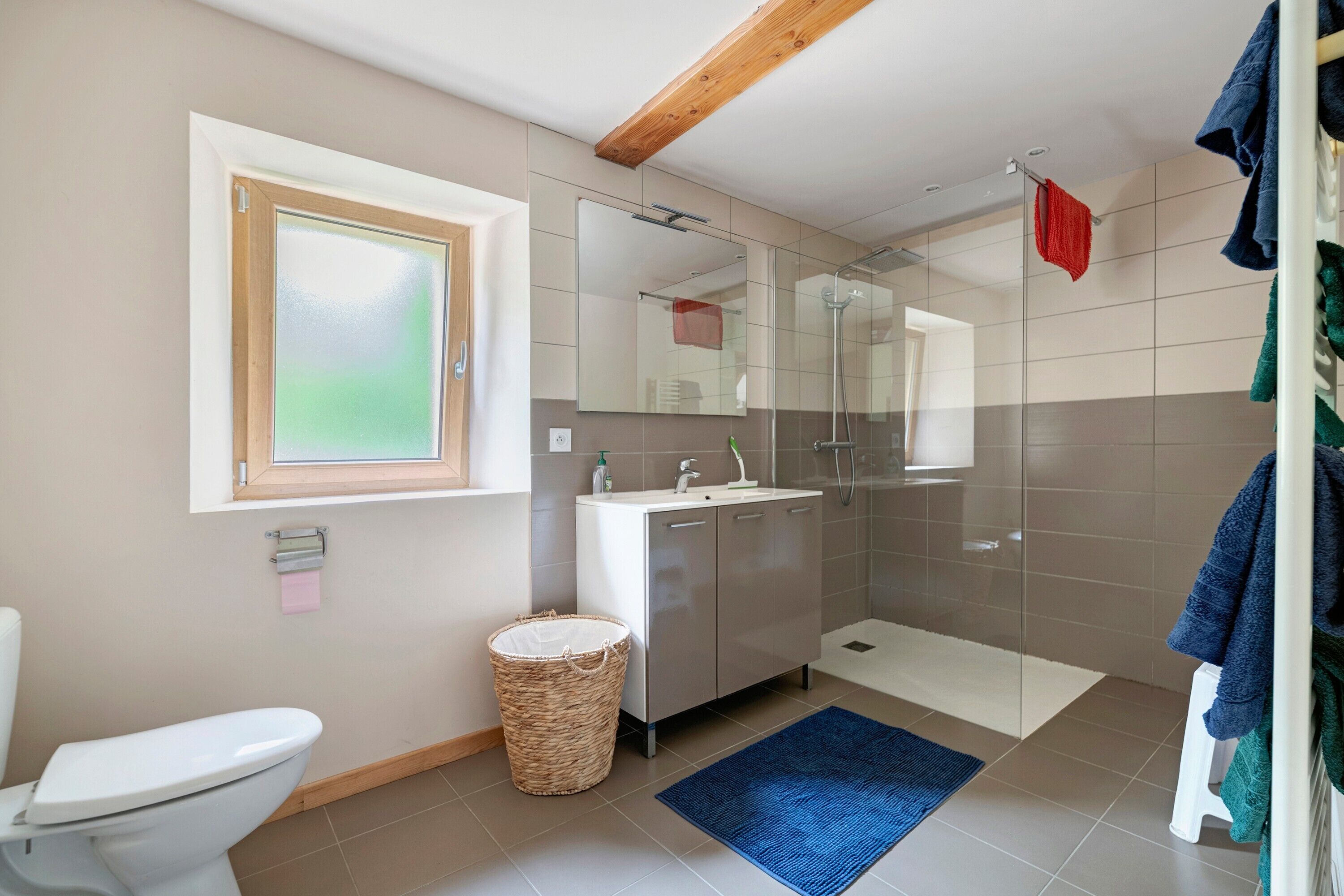 A bathroom with a toilet, a sink, a mirror, a shower, and a window.