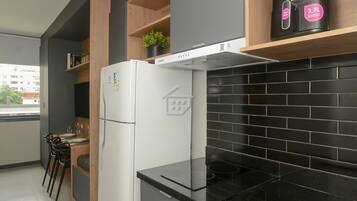 Fridge, microwave, cookware/dishes/utensils
