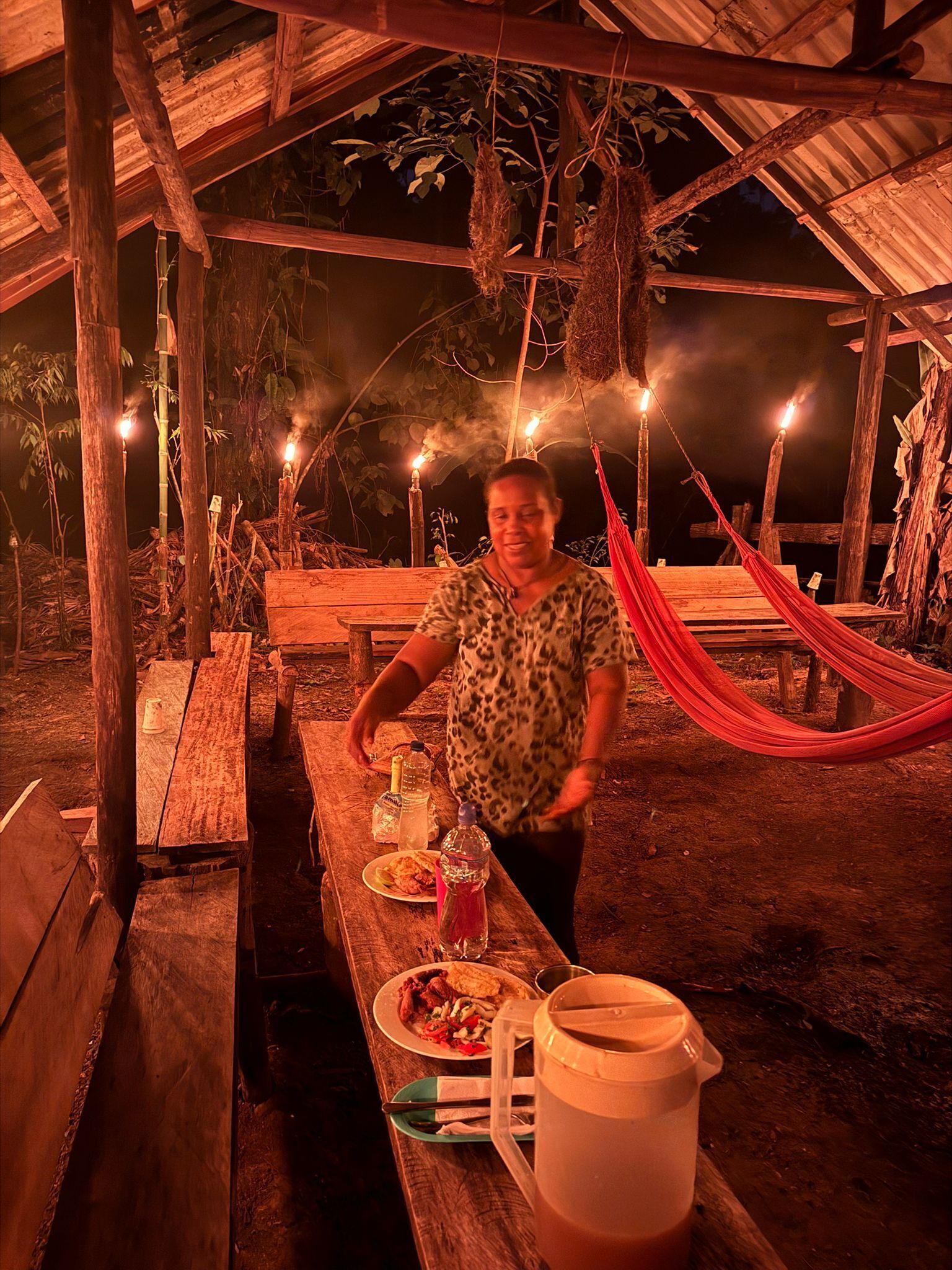 An outdoor dining area with wooden benches, a hammock, and a table set with food and drinks.