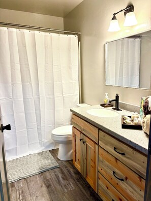 Hair dryer, towels, soap, shampoo