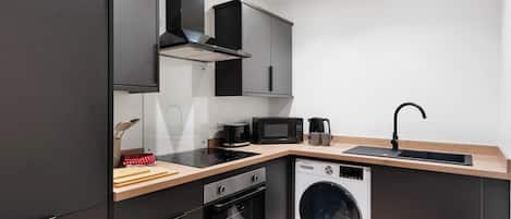 Fridge, microwave, electric kettle, toaster