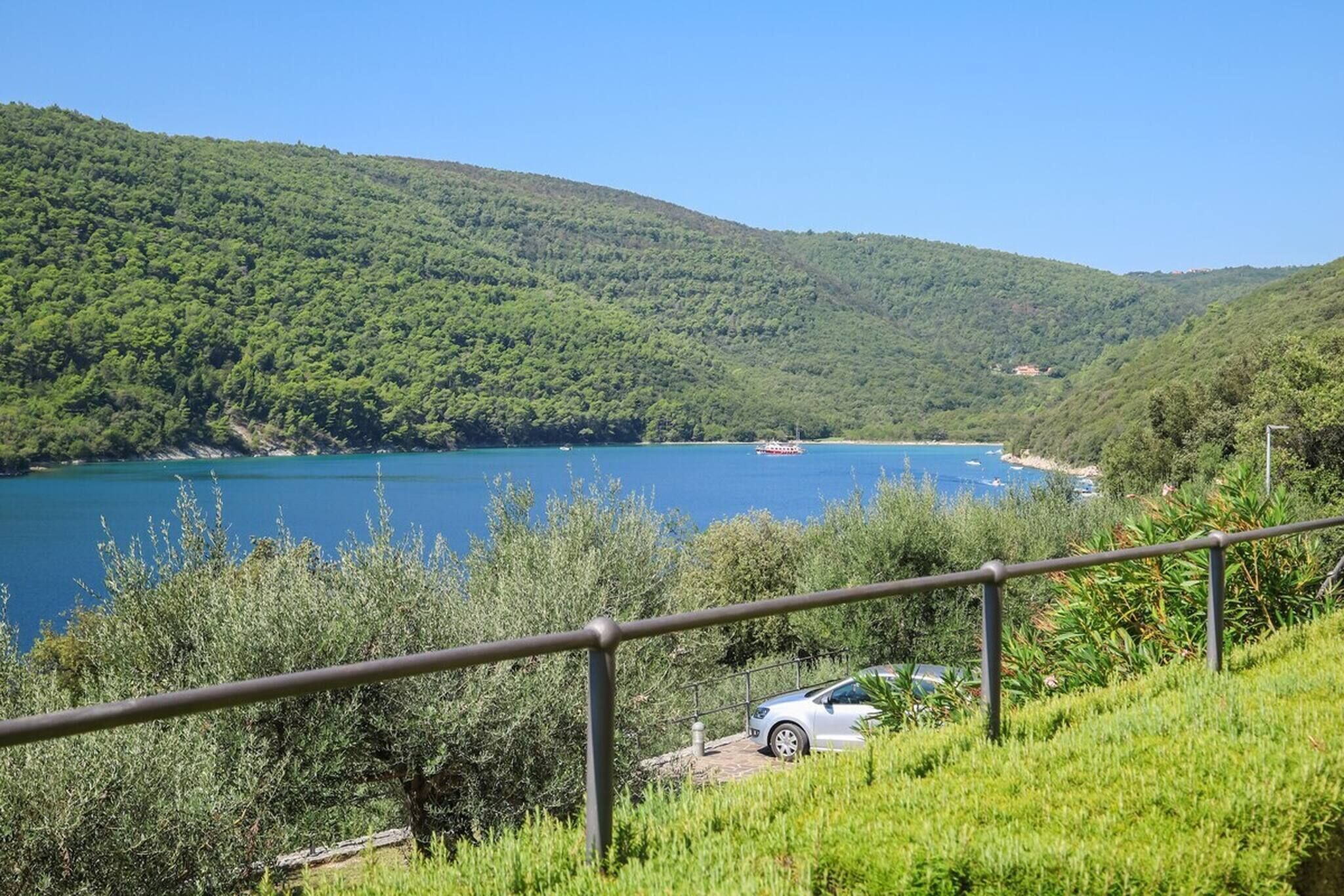 A scenic view of a lake surrounded by lush green hills, a car parked on a grassy area, and a railing in the foreground.