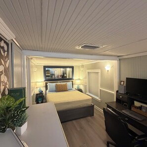 A hotel room with a bed, bedside lamps, a desk, a chair, a television, and a potted plant.