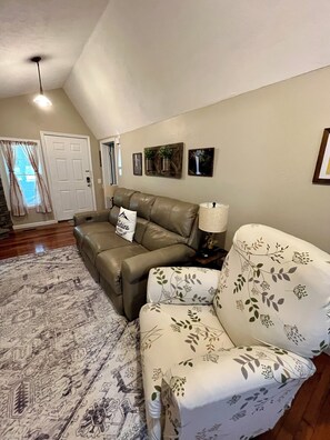 Smart TV, fireplace, books
