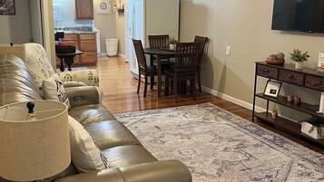 Smart TV, fireplace, books