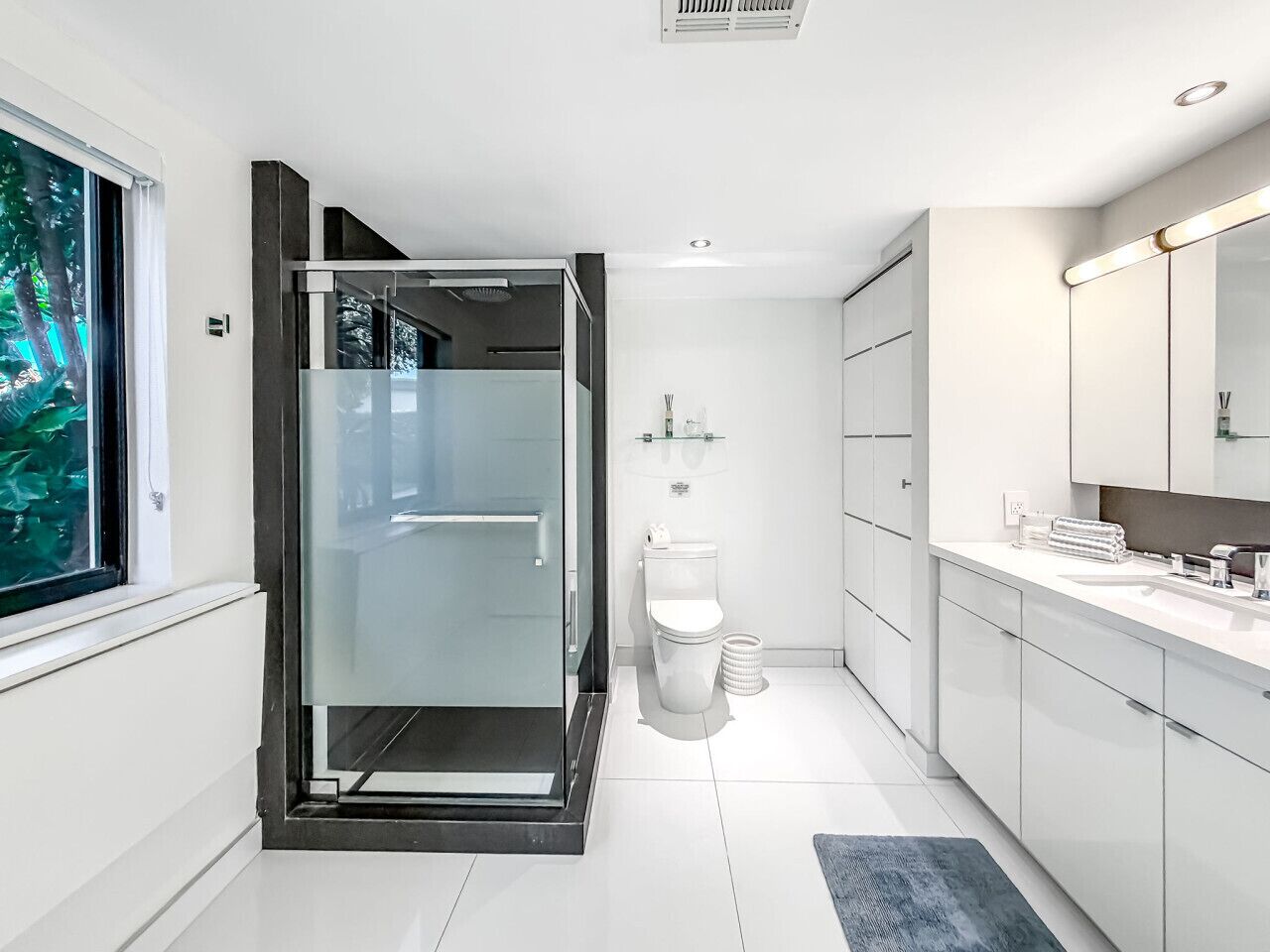 A modern bathroom with a glass shower enclosure, a toilet, and a vanity with a mirror.