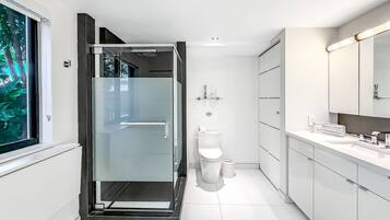 A modern bathroom with a glass shower enclosure, a toilet, and a vanity with a mirror.