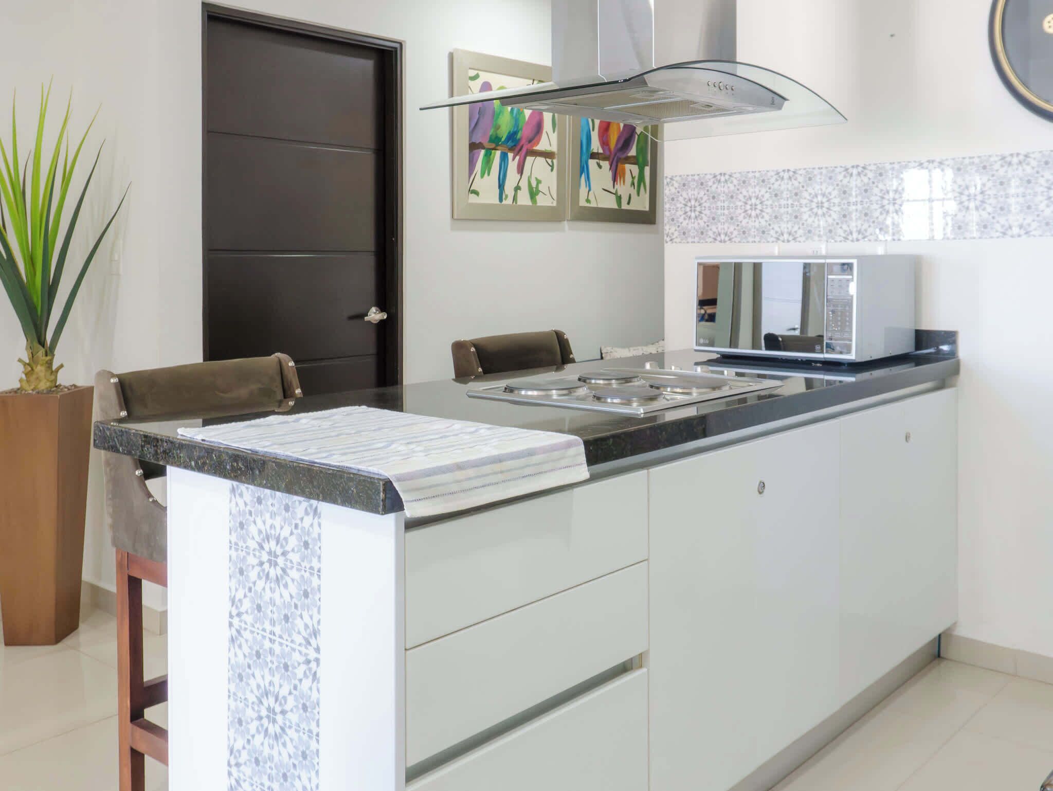 Fridge, microwave, stovetop, coffee/tea maker