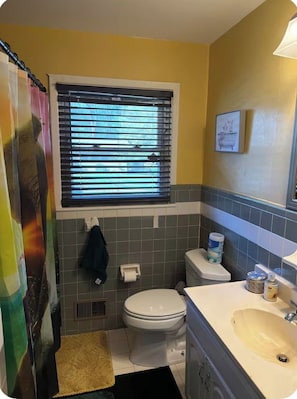 Ein Badezimmer mit Toilette, Waschbecken, Fenster mit Jalousien und einer Duschvorhang.