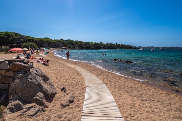 Ein Strand mit einer Holzpromenade, Menschen beim Schwimmen und Booten im Wasser.